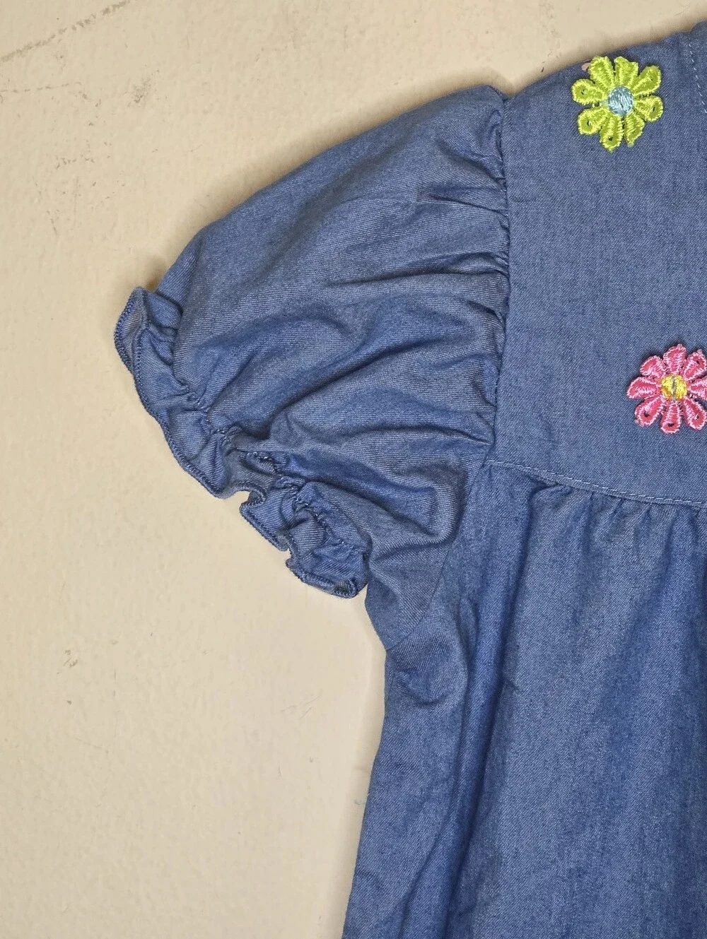 Girls Chambray Flower Embroidered Puff Sleeve Dress Blue 5-6Y Cottagecore